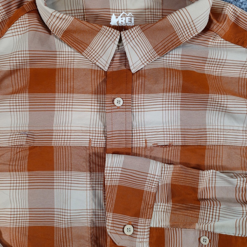 REI Co-op Long Sleeve‎ Shirt Men Large Lightweight Hiking Orange Plaid Vented